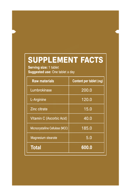 AT2A supplement facts panel: serving size 1 tablet, Lumbrokinase 200 mg, L-Arginine 120 mg, Zinc citrate 15 mg, Vitamin C 40 mg, MCC 185 mg, Magnesium stearate 5 mg, total 600 mg